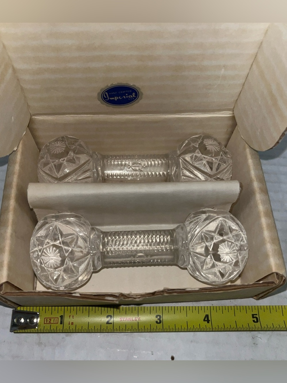 Imperial Glass Co Vintage Crystal Knife Rest Pair of Barbells Marked EUC W/ Box
